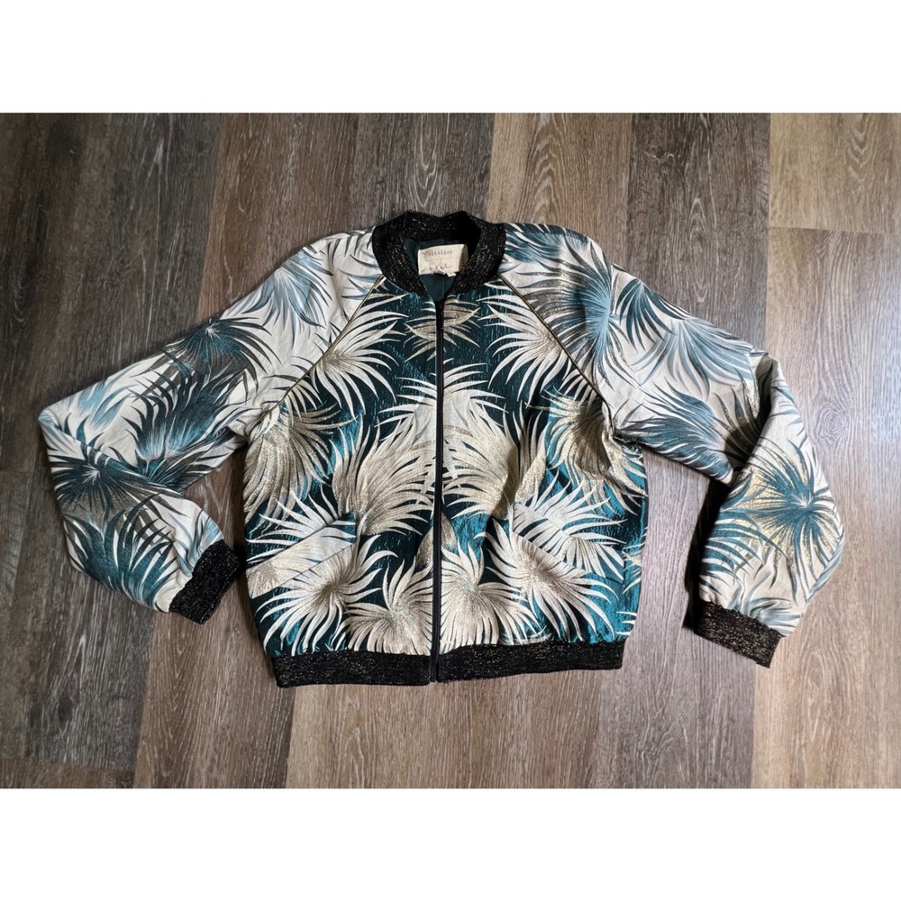 Nicole Miller Artelier Bomber Jacket Womens Small Teal Gold Palm‎ Leaf Jacquard